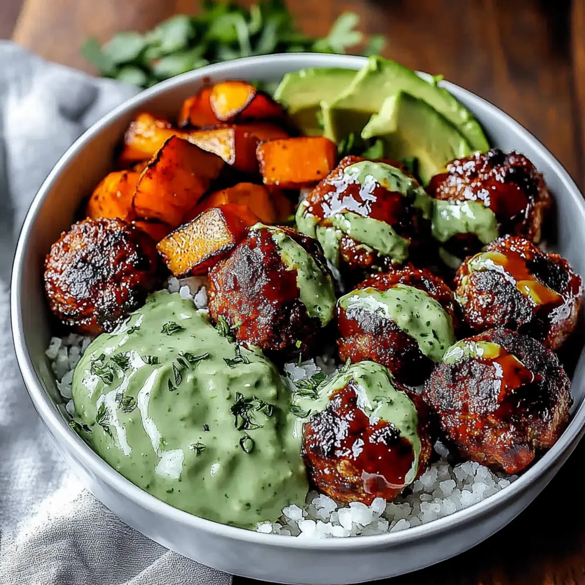 Barbecue Meatball Bowls with Avocado Goddess Sauce