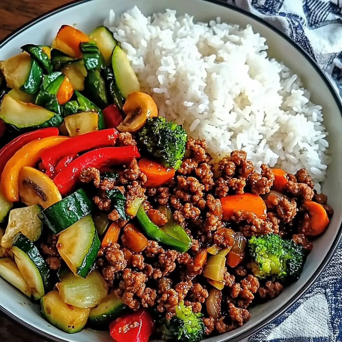 Spicy Ground Beef Stir Fry Bowl with Garlic Veggies & Steamy Rice