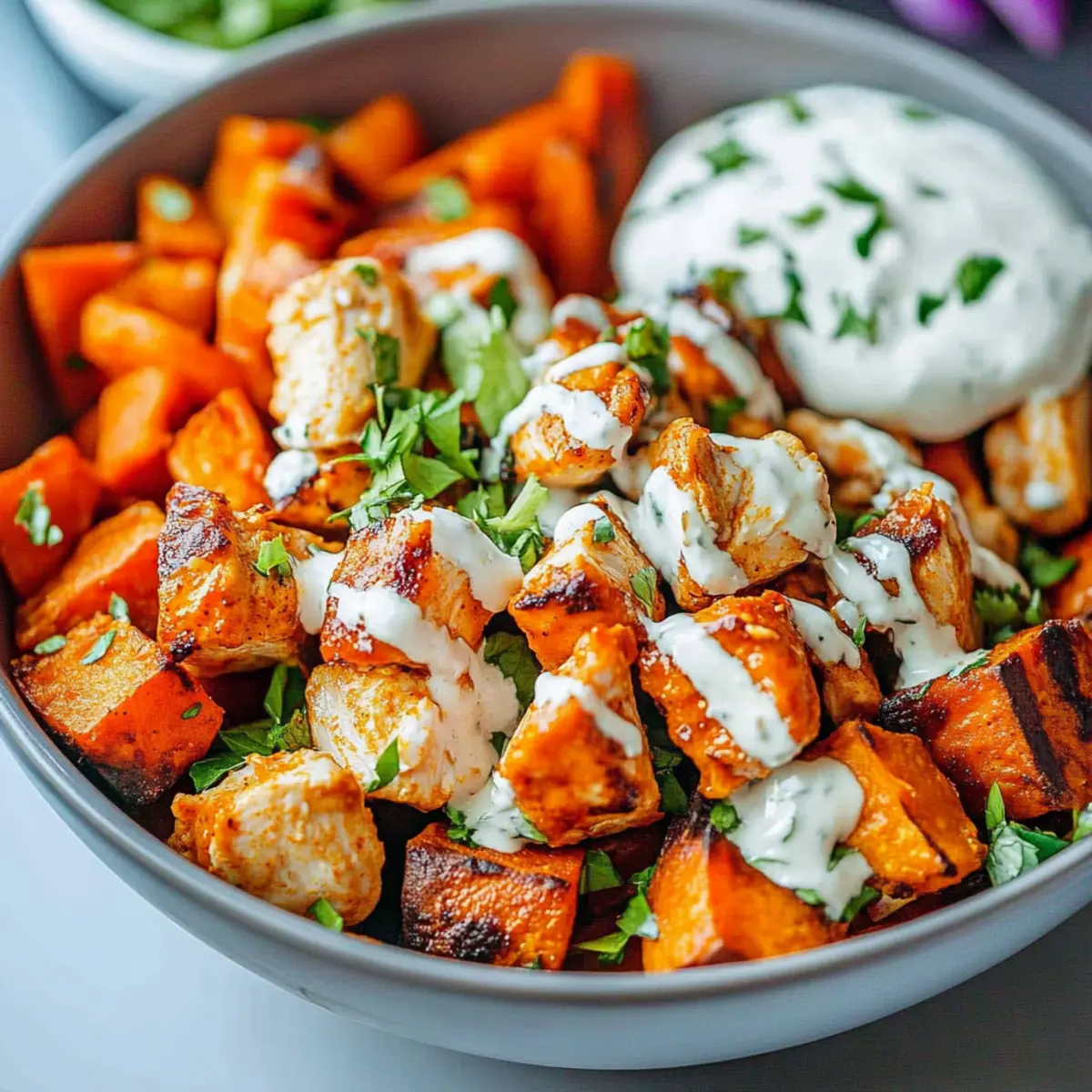 Sheet Pan Buffalo Chicken and Sweet Potato Bowls