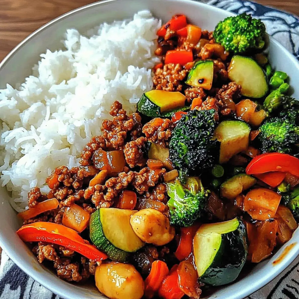 Spicy Ground Beef Stir Fry Bowl with Garlic Veggies & Steamy Rice