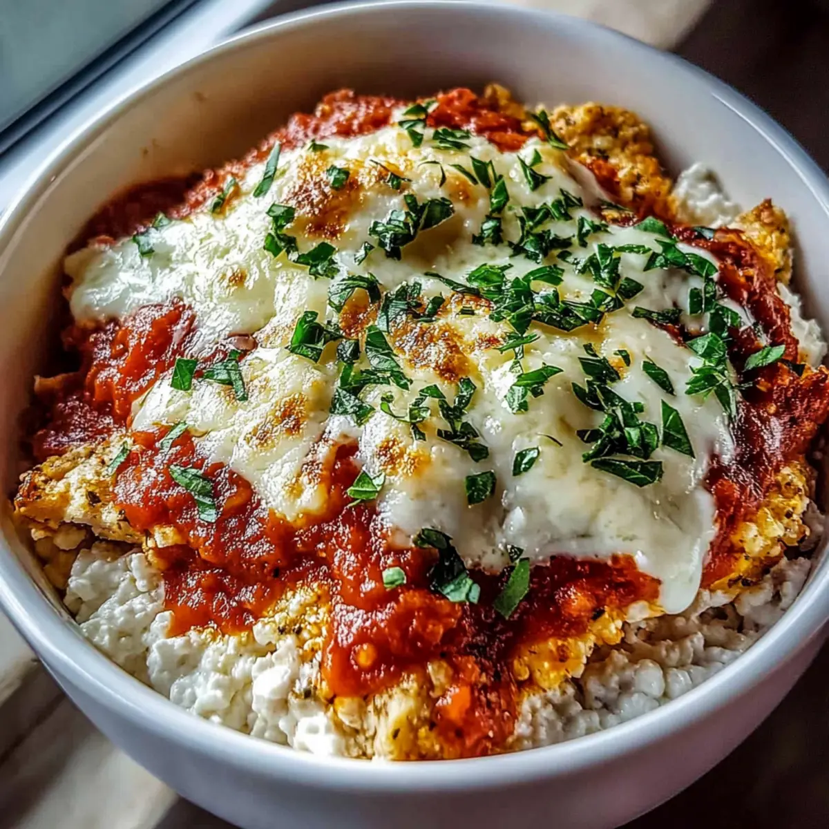 High Protein Chicken Parm Cottage Cheese Bowl