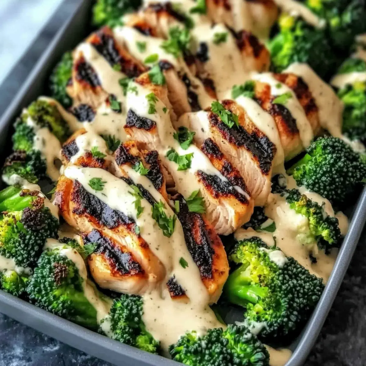 Grilled Chicken Broccoli Bowls with Creamy Garlic Sauce