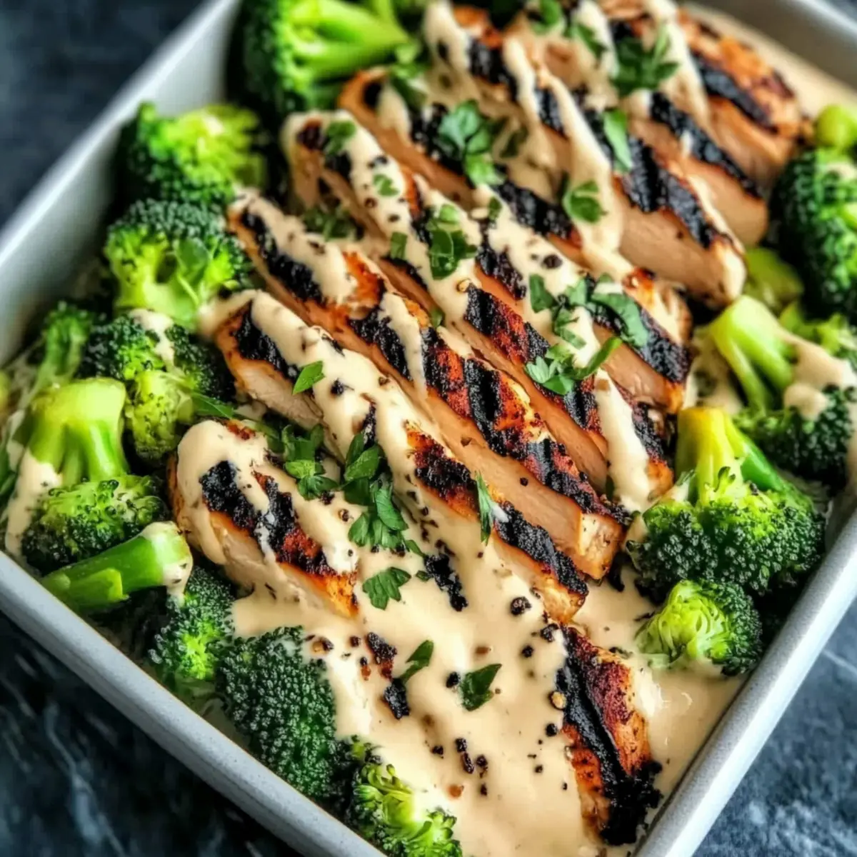 Grilled Chicken Broccoli Bowls with Creamy Garlic Sauce