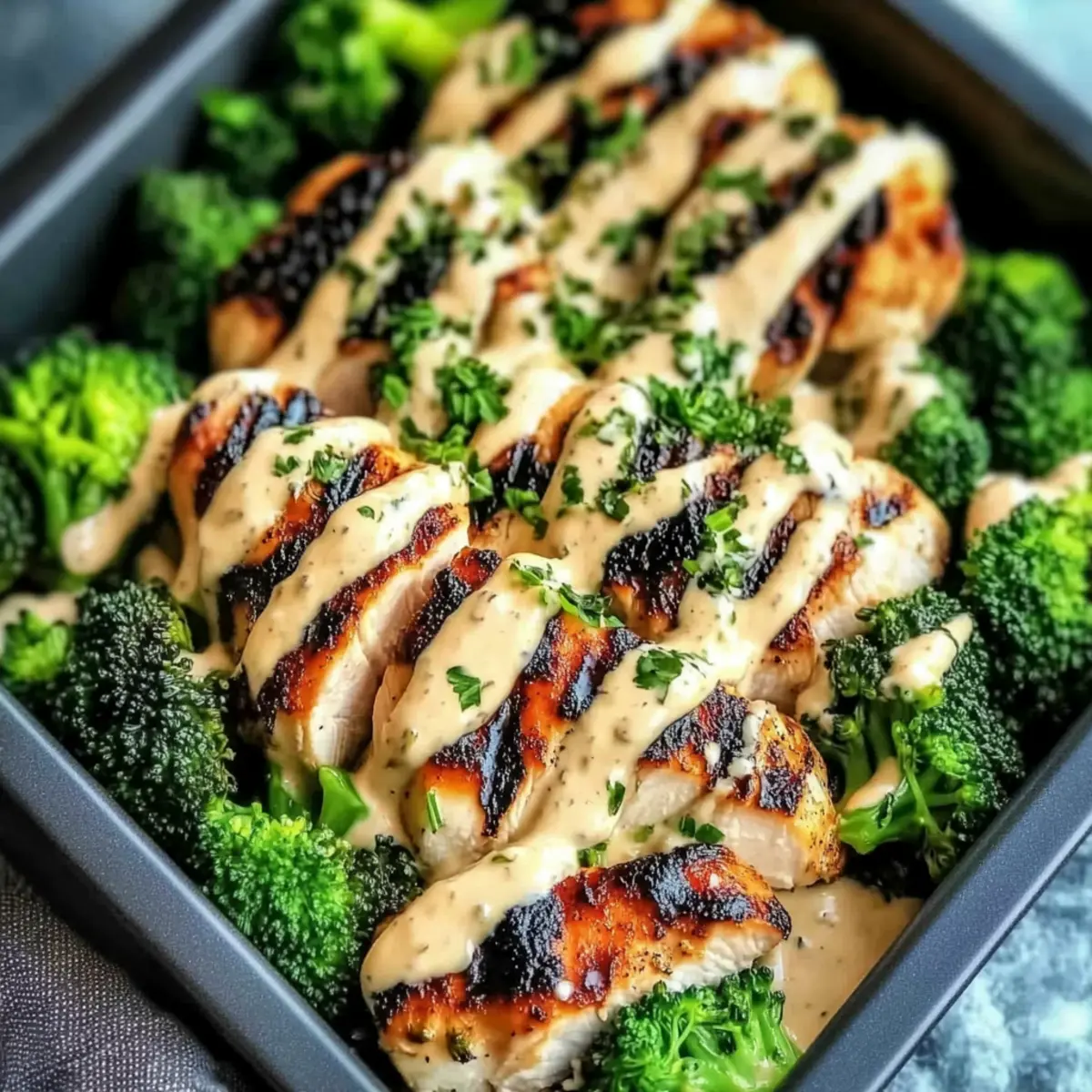 Grilled Chicken Broccoli Bowls with Creamy Garlic Sauce
