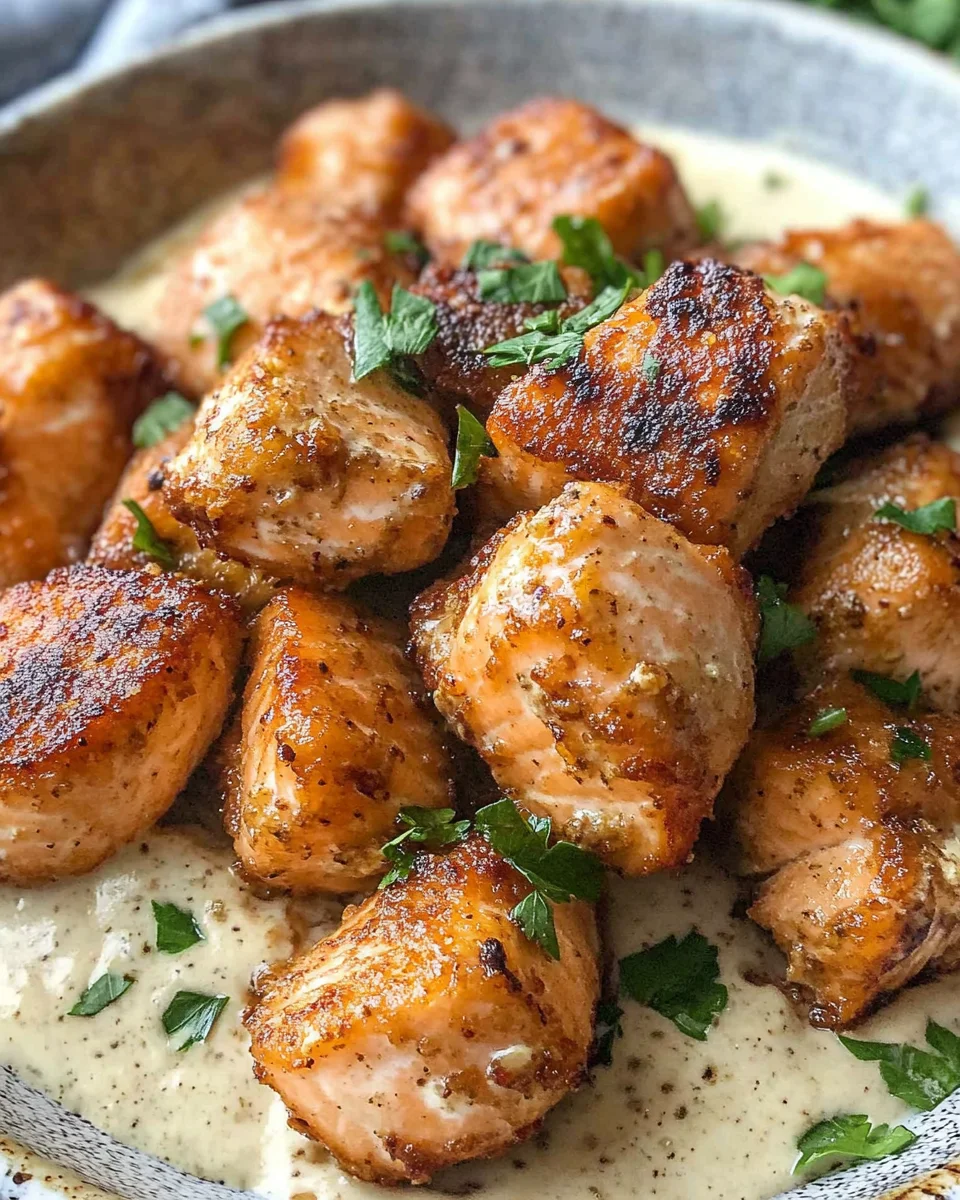 Air Fryer Salmon Bites with Garlic Cream Sauce