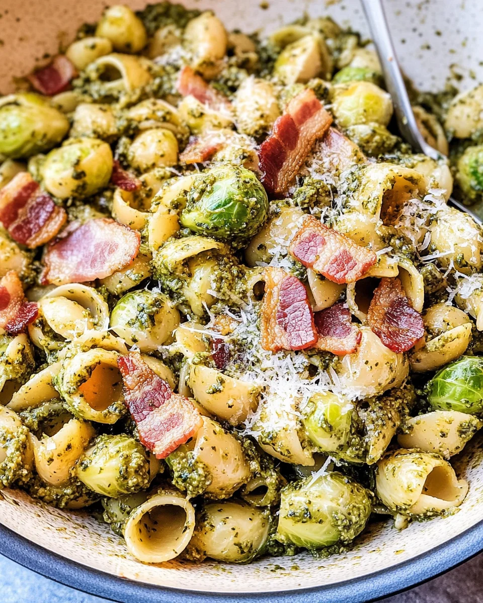 Brussels Sprouts and Bacon Pesto Pasta