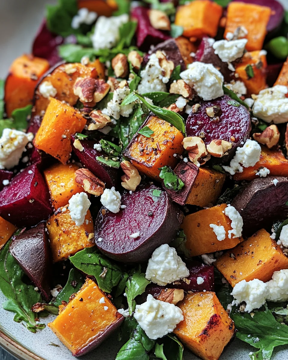 Creamy Roasted Beet Salad with Sweet Potato & Feta