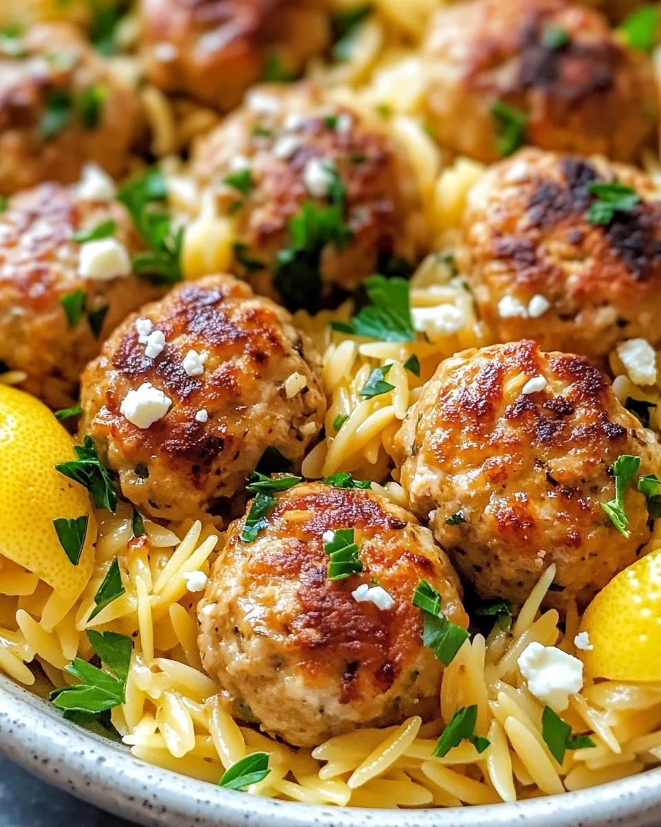 Greek Chicken Meatballs with Lemon Orzo