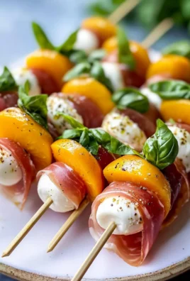 Mozzarella, Prosciutto, and Pickled Peach Appetizer Skewers