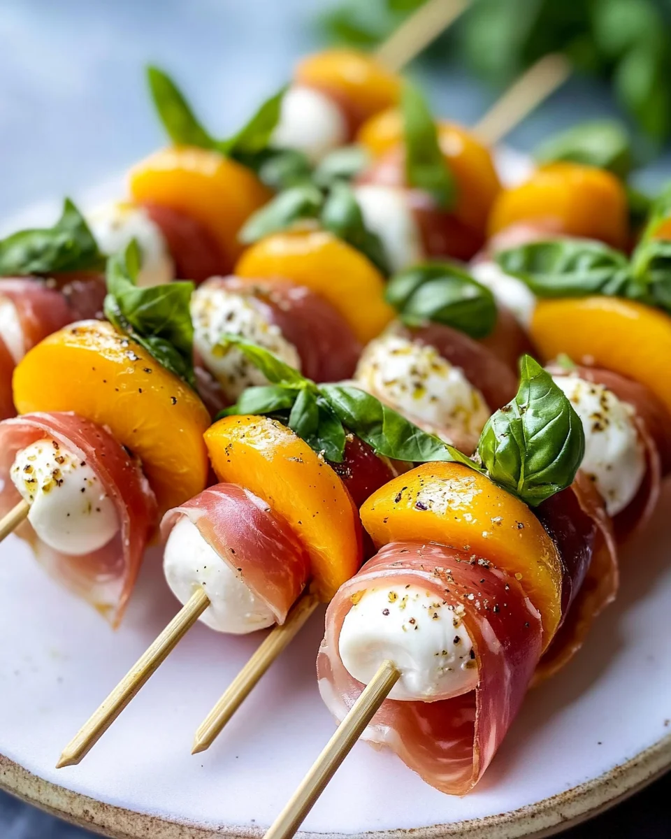 Mozzarella, Prosciutto, and Pickled Peach Appetizer Skewers