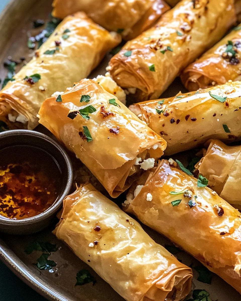 Oven Fried Feta Rolls with Chili Honey