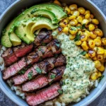 Steak, Avocado, and Roasted Corn Bowl with Cilantro Cream Sauce
