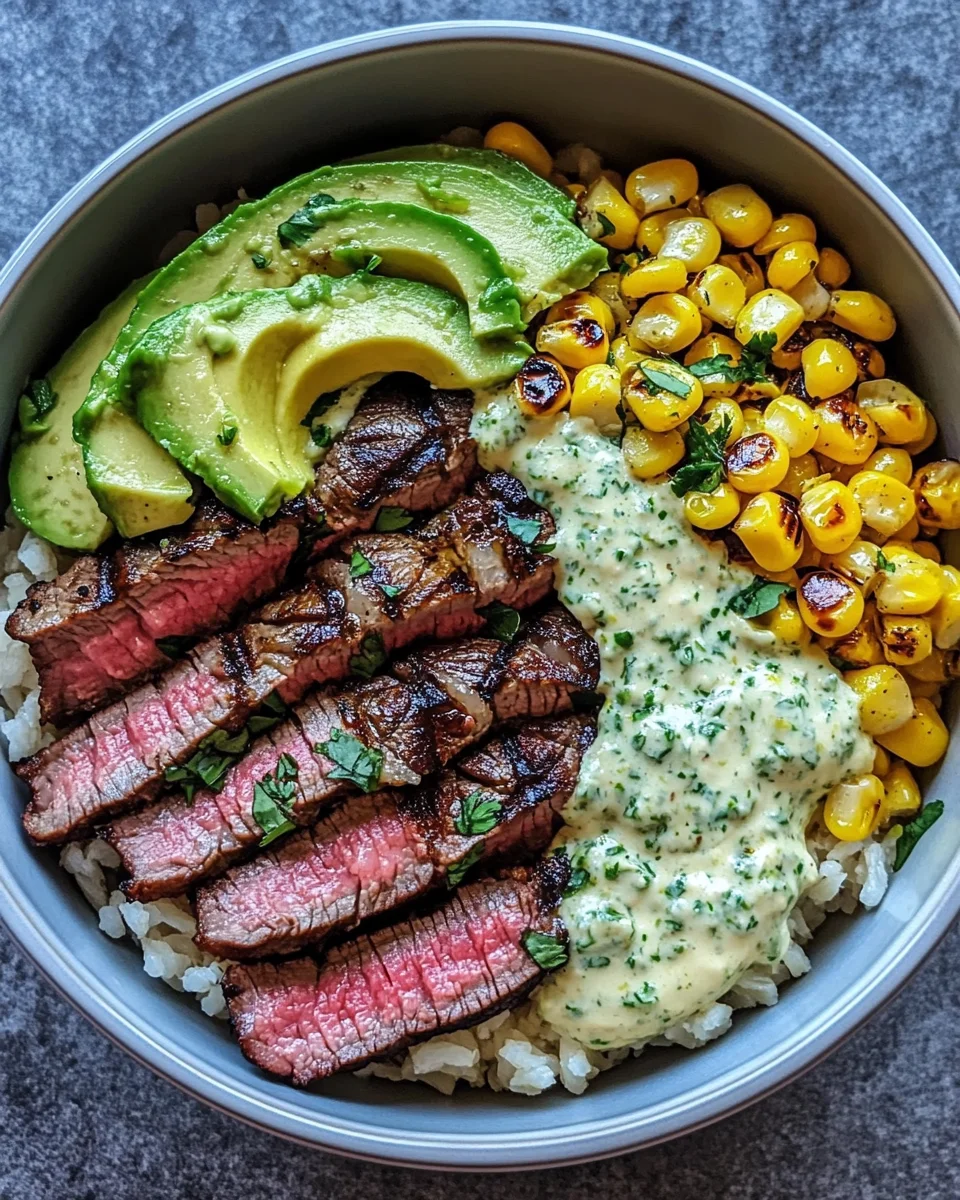Steak, Avocado, and Roasted Corn Bowl with Cilantro Cream Sauce