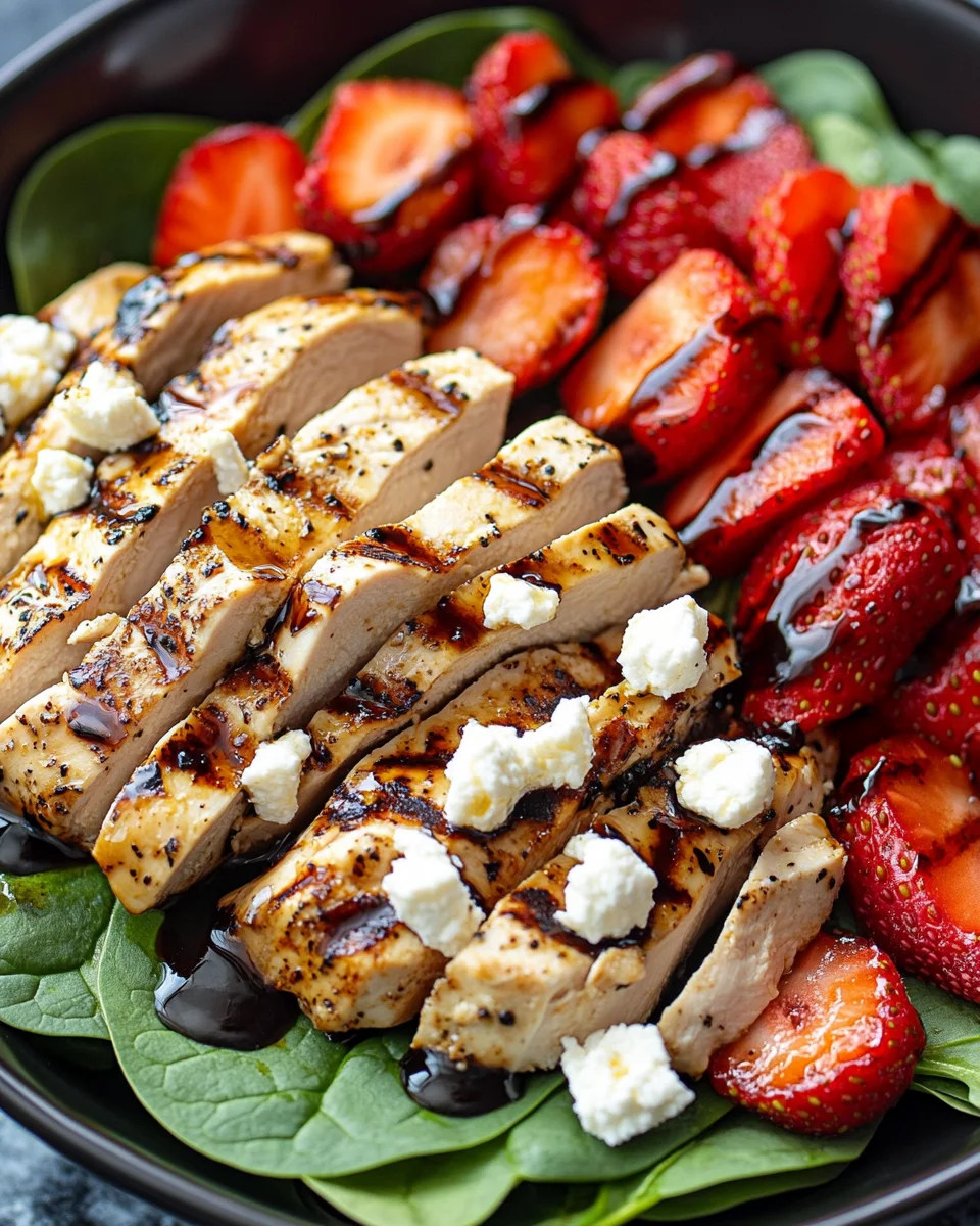 Strawberry Spinach Grilled Chicken Salad with Balsamic Glaze