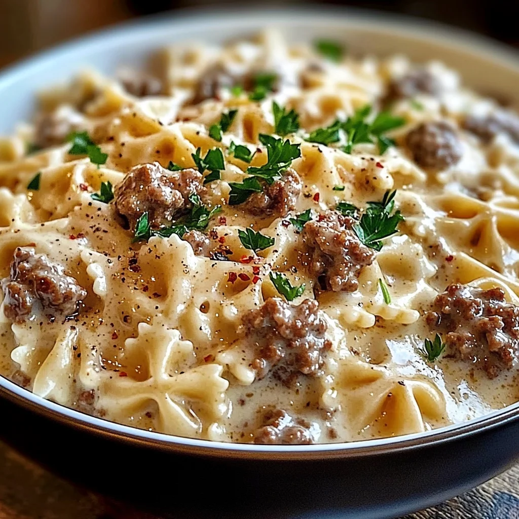 Beef and Bowtie Pasta with Alfredo Sauce