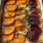 Root Vegetable Gratin with Sweet Potatoes, Parsnips, and Beets