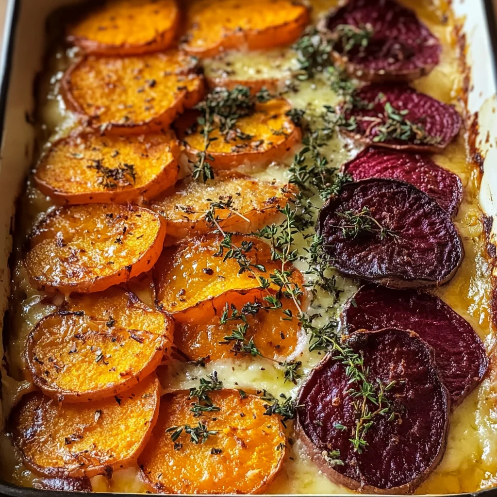 Root Vegetable Gratin with Sweet Potatoes, Parsnips, and Beets