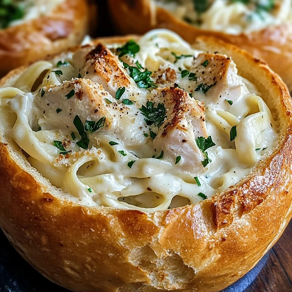 Chicken Alfredo Garlic Bread Bowls