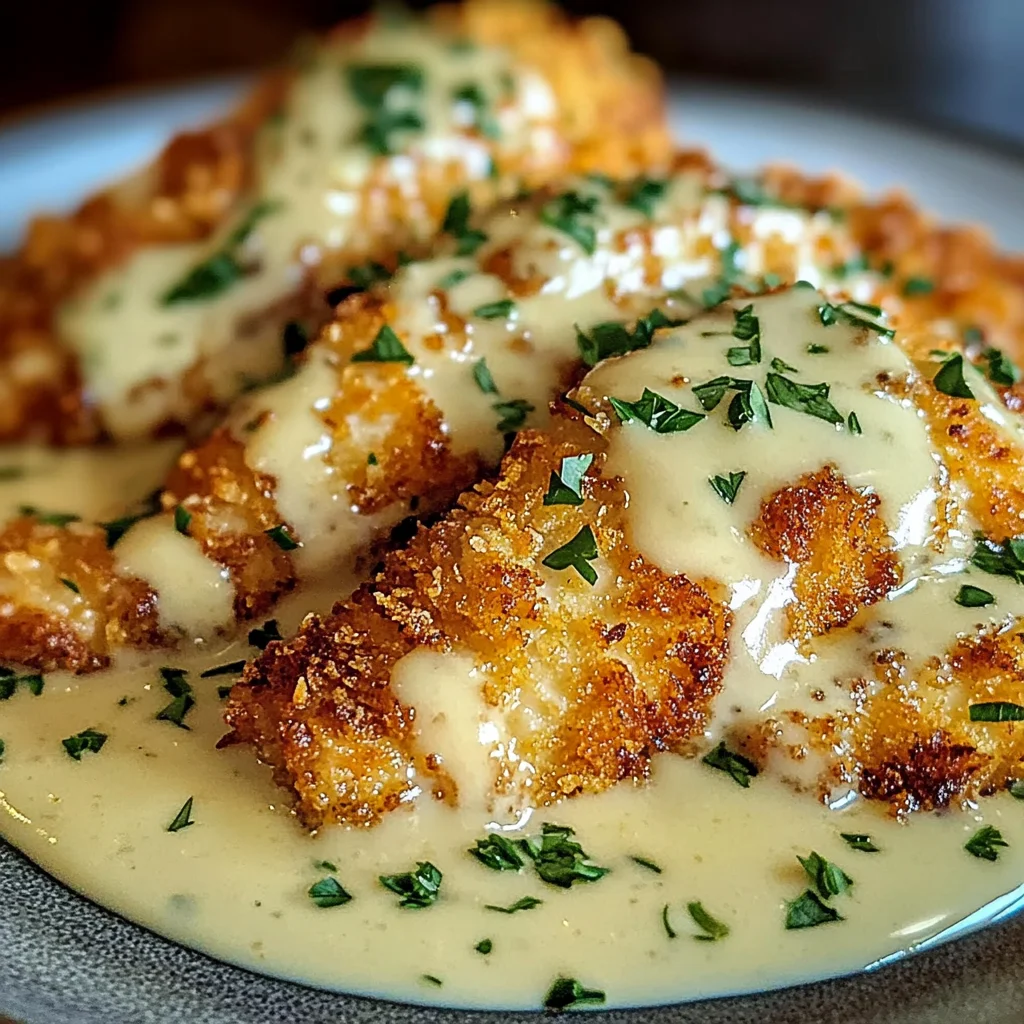 Crispy Parmesan Crusted Chicken with Creamy Garlic Sauce