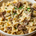 Garlic Parmesan Bowtie Pasta with Creamy Beef recipe