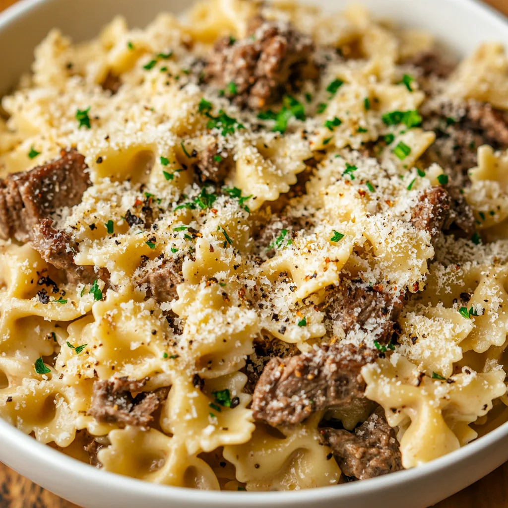Garlic Parmesan Bowtie Pasta with Creamy Beef recipe