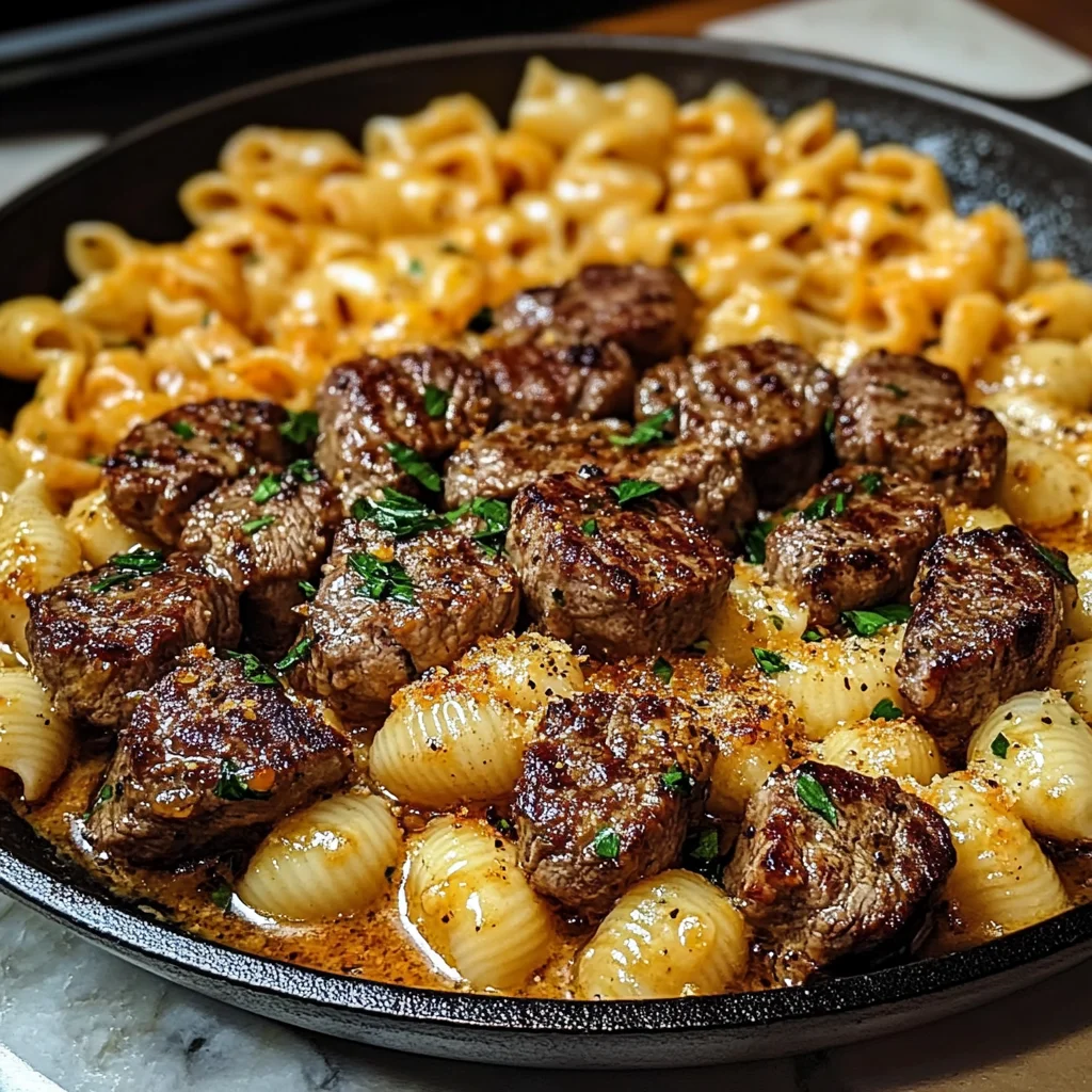 CAJUN STEAK BITES & CHEESY GARLIC SHELLS SKILLET