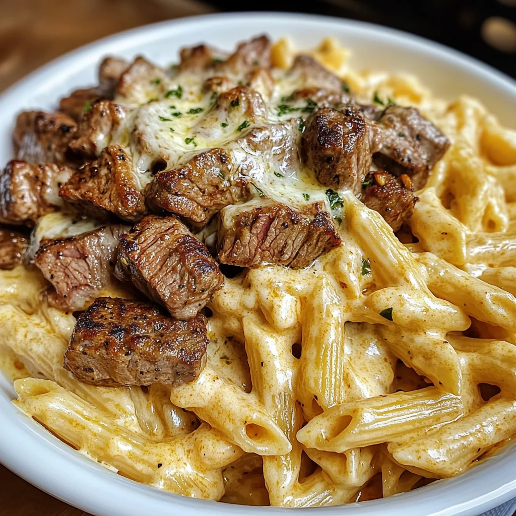 CAJUN STEAK TIPS IN CHEESY PENNE PARMESAN SAUCE