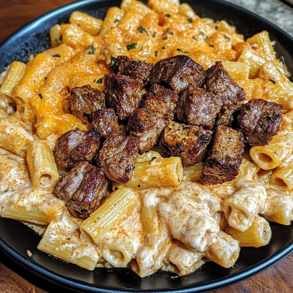 CAJUN STEAK TIPS IN CHEESY RIGATONI PARMESAN SAUCE