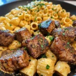 Cajun Steak Bites with Cheesy Garlic Shell Pasta Skillet