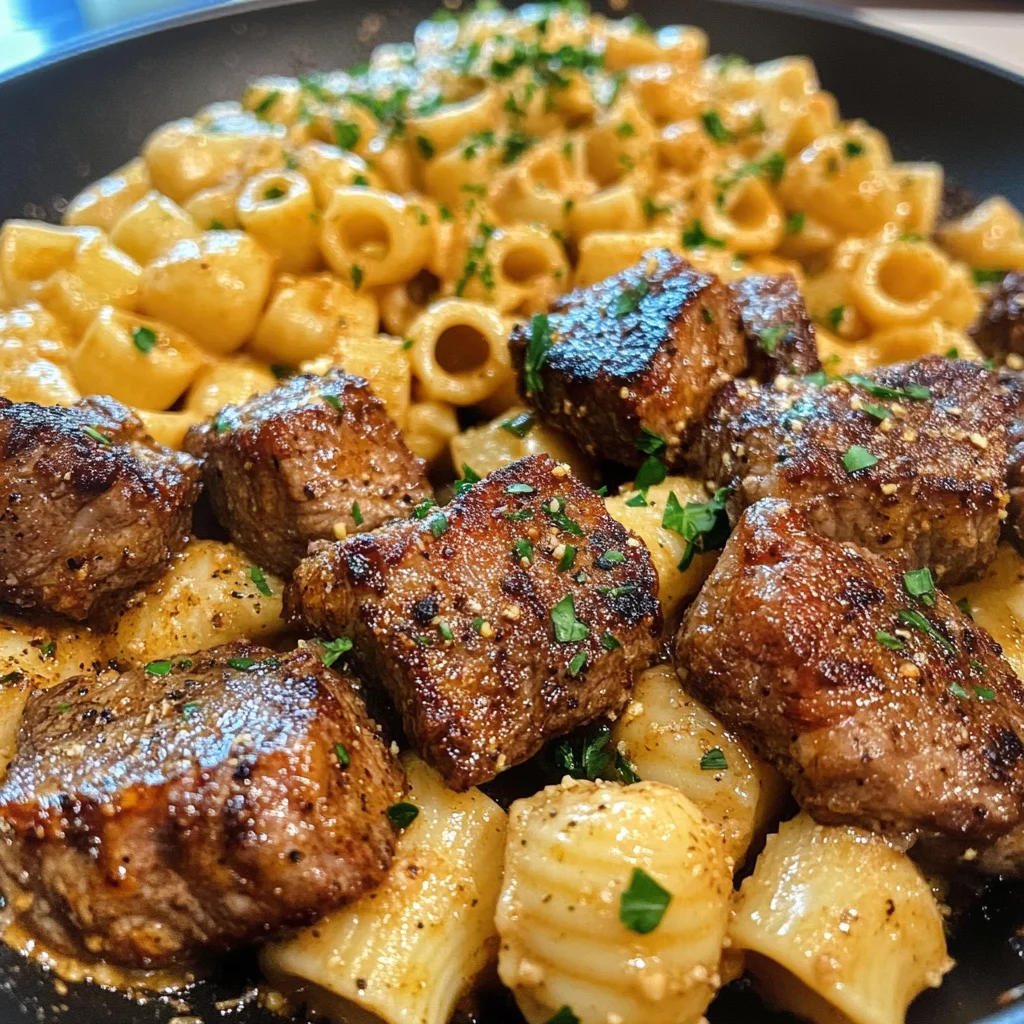 Cajun Steak Bites with Cheesy Garlic Shell Pasta Skillet