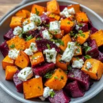 Caramelized Beet & Sweet Potato Salad with Feta and Yogurt Dressing