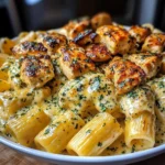 Cheddar Parmesan Garlic Butter Chicken with Creamy Rigatoni Pasta
