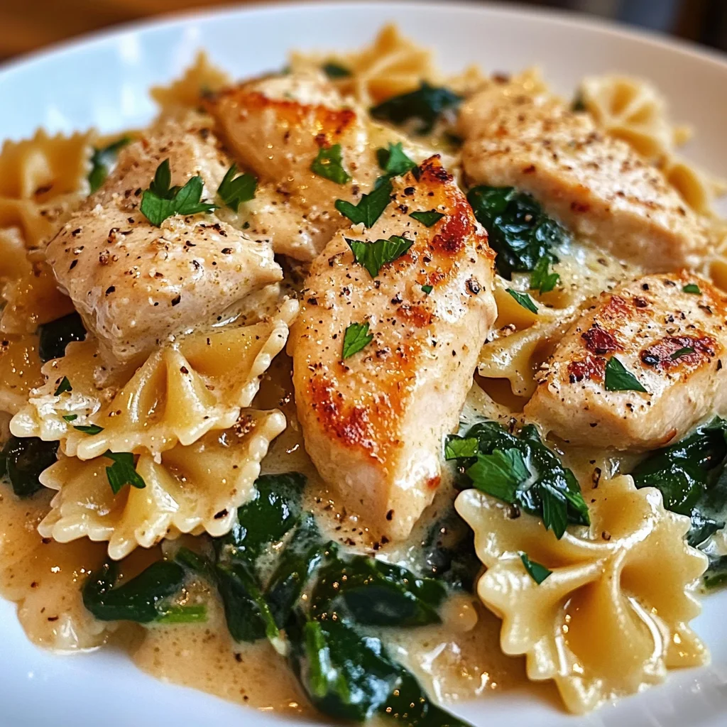 Cheesy Bowtie Pasta with Chicken and Spinach