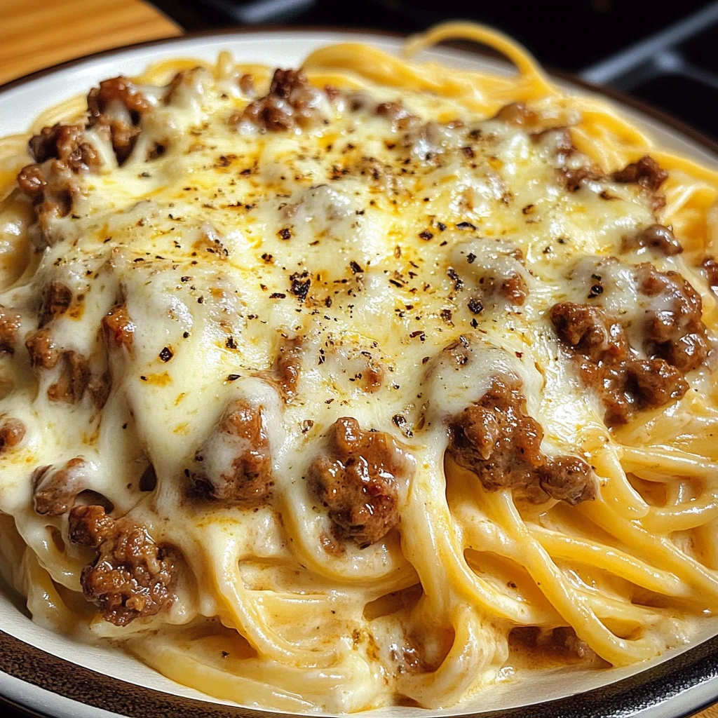 Cheesy Cajun Ground Beef Linguine in Garlic Cream Sauce
