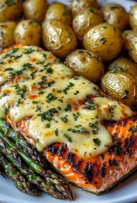 Cheesy Garlic Asparagus with Grilled Salmon & Herb-Roasted Baby Potatoes