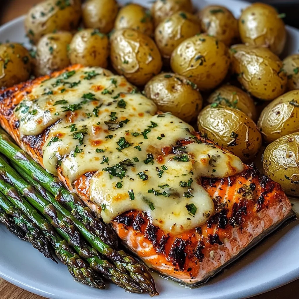 Cheesy Garlic Asparagus with Grilled Salmon & Herb-Roasted Baby Potatoes