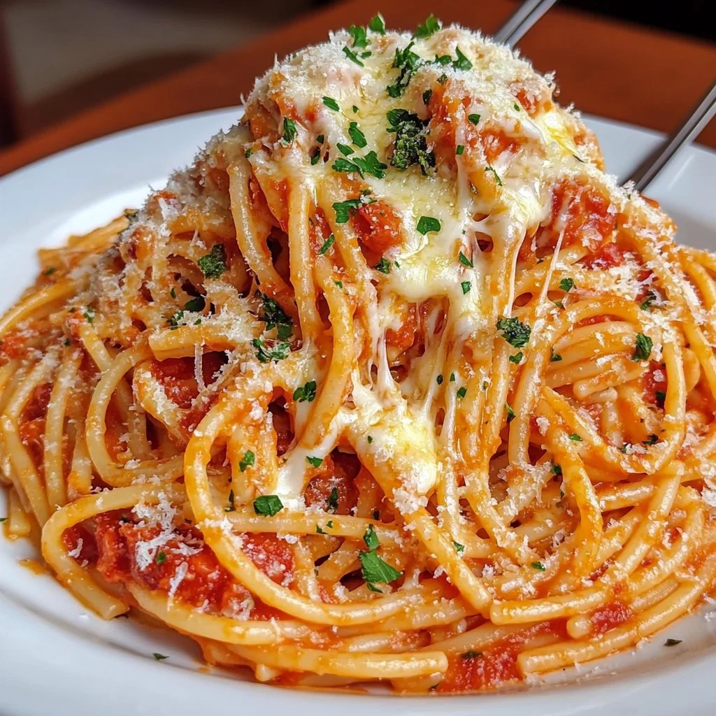 Cheesy Spaghetti in Garlic Parmesan & Cream Cheese Tomato Sauce