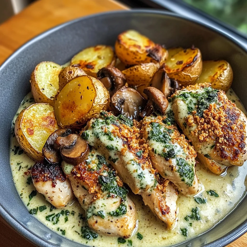 Coconut Garlic Chicken Alfredo with Crispy Sage Potatoes & Truffle Mushroom Pesto