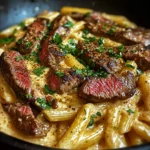 Creamy Cajun Spicy Garlic Butter Steak Pasta Skillet