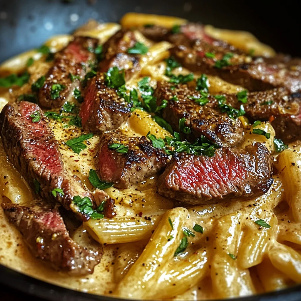 Creamy Cajun Spicy Garlic Butter Steak Pasta Skillet
