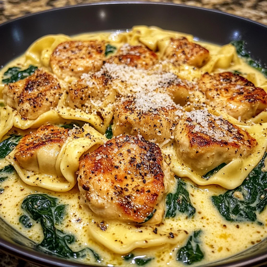 Creamy Chicken Tortellini with Spinach and Garlic Parmesan Cheese