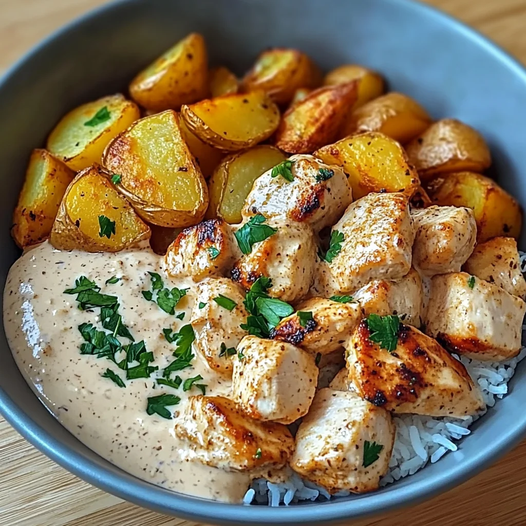 Creamy Chicken with Roasted Potatoes & Fluffy Rice Comfort Bowl Style