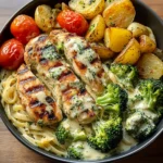 Creamy Herb Chicken with Broccoli, Grilled Potatoes & Pasta