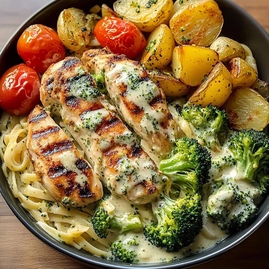 Creamy Herb Chicken with Broccoli, Grilled Potatoes & Pasta