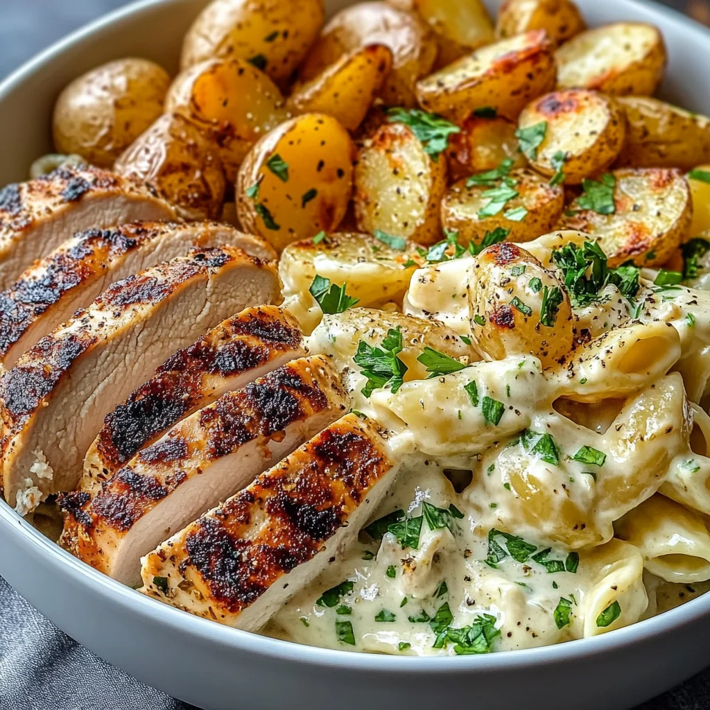 Creamy Herb Pasta Bowl with Grilled Chicken & Garlic Potatoes
