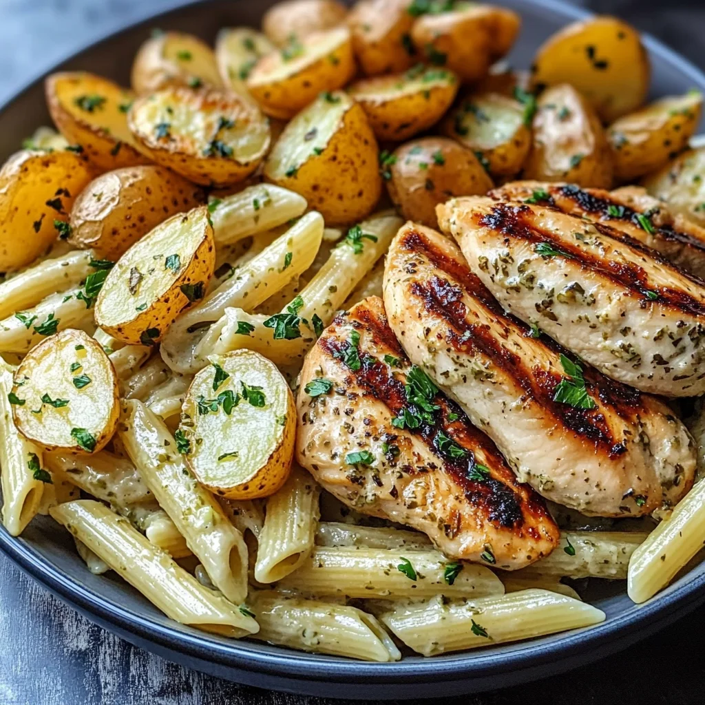 Creamy Herb Penne with Grilled Chicken & Garlic Roasted Potatoes