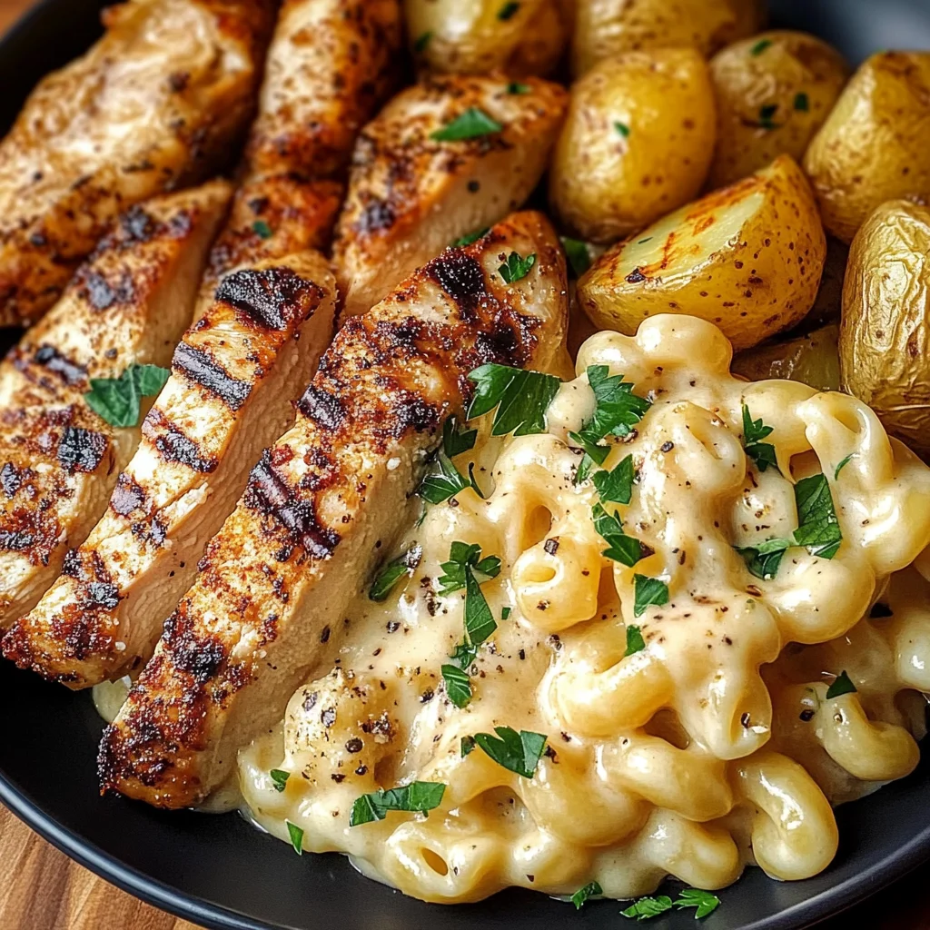 Creamy Mac & Cheese with Grilled Chicken & Roasted Potatoes