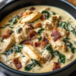 Creamy Slow-Cooked Chicken Stroganoff with Spinach & Crispy Bacon