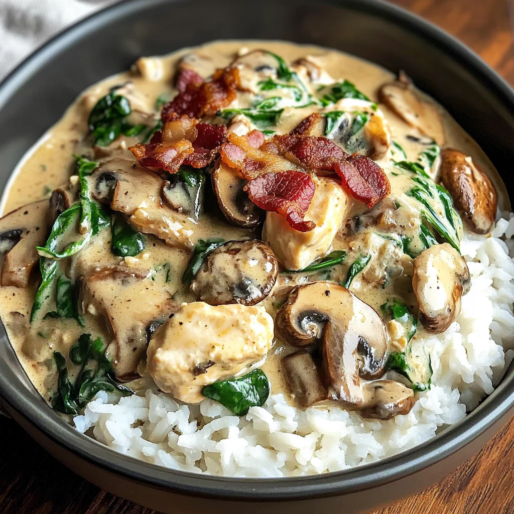 Creamy Slow Cooked Chicken Bacon Stroganoff with Spinach, Mushrooms & Fluffy Rice