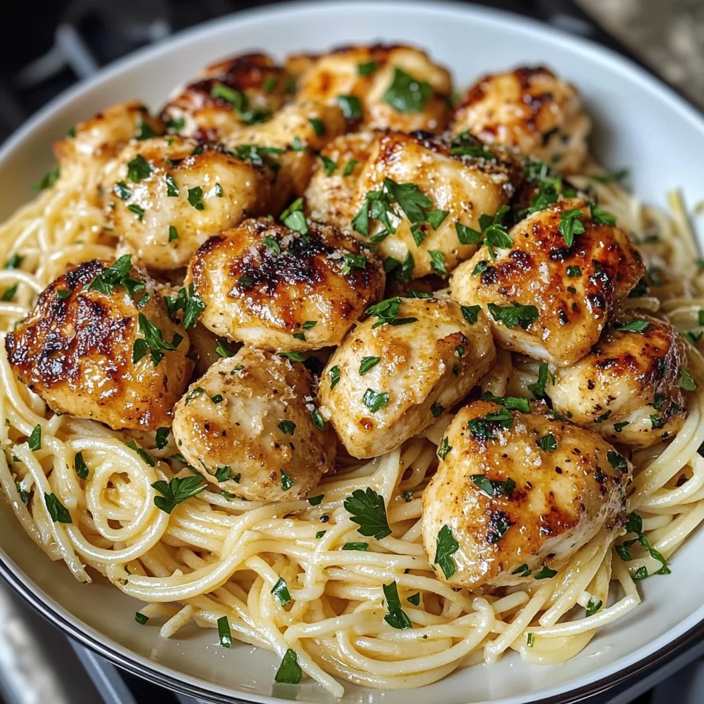 Garlic Butter Chicken Bites with Lemon Parmesan Spaghetti